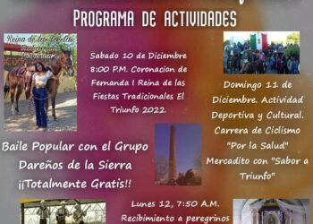 Del 10 al 12 de diciembre no te pierdas las fiestas tradicionales del #PuebloHistórico El Triunfo, donde se contará con un gran programa de actividades culturales y de esparcimiento familiar.