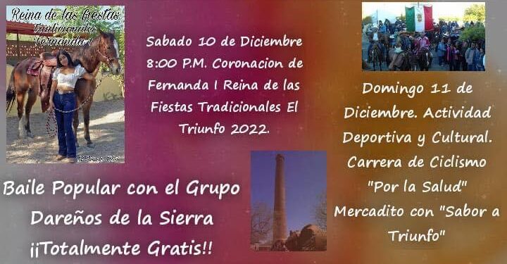 Del 10 al 12 de diciembre no te pierdas las fiestas tradicionales del #PuebloHistórico El Triunfo, donde se contará con un gran programa de actividades culturales y de esparcimiento familiar.