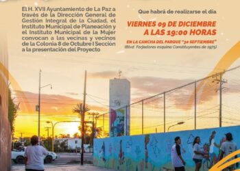 En conjunto con el Instituto Municipal de la Mujer de La Paz y el IMPLAN La Paz, BCS, extendemos la invitación a todas las vecinas y vecinos de la Colonia 8 de Octubre I Sección, a la presentación del Proyecto de la Rehabilitación del Andador 🙌