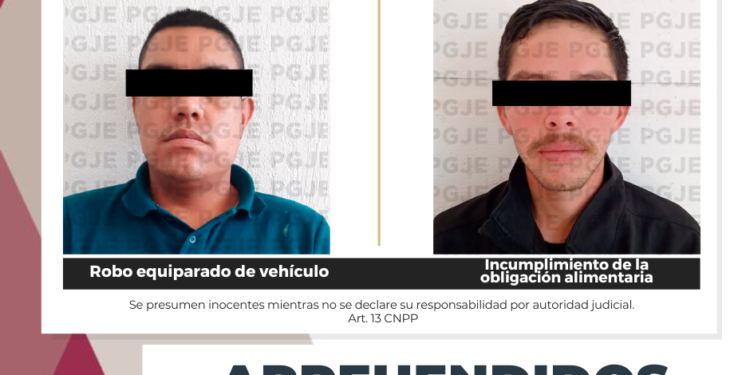 SON DETENIDOS POR LA PGJE DOS SUJETOS POR SU PROBABLE RESPONSABILIDAD EN DELITOS