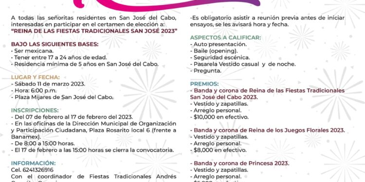 Gobierno Municipal abre convocatoria para la elección de la reina de las Fiestas Tradicionales San José del Cabo 2023