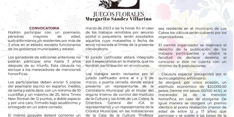 Gobierno de Los Cabos invita a participar en la edición 50 de los Juegos Florales “Margarito Sández Villarino”