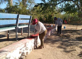 Realiza Servicios Públicos limpieza y pintado de parque y cancha en Ejido Melitón Albañez
