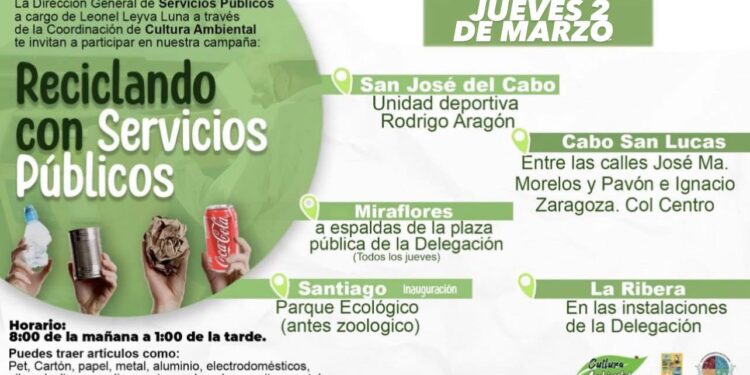 ¡Vamos a reciclar con Servicios Públicos! Este próximo jueves 02 de marzo de manera simultánea en Los Cabos