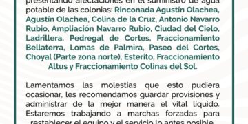 Debido a fallas en base de rebombeo, habrá afectaciones en colonias de la zona Norte de la ciudad: OOMSAPAS La Paz