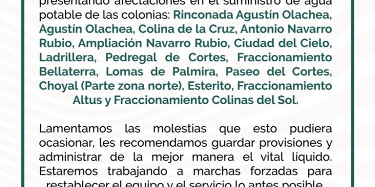 Debido a fallas en base de rebombeo, habrá afectaciones en colonias de la zona Norte de la ciudad: OOMSAPAS La Paz