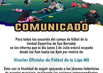 El XIV Ayuntamiento de Los Cabos, a través del Instituto del Deporte del Municipio de Los Cabos (INDEM), informa a la población que la cancha de fútbol ubicada en la unidad deportiva de la colonia San Bernabé en San José del Cabo, permanecerá cerrada este lunes 03 de julio.