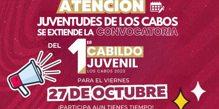 El Gobierno de Los Cabos a través del Instituto de la Juventud y la Comisión Edilicia Permanente de la Juventud del Honorable Cabildo convocan a jóvenes de entre 15 y 25 años de edad a participar en el Cabildo Juvenil 2023.