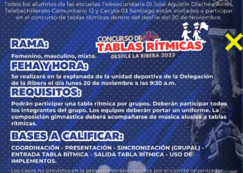 A través del Instituto de la Juventud (INJUVE) convoca a la Escuela Telesecundaria #1 “José Agustín Olachea Avilés”, al Telebachillerato Comunitario #12 y al CECyTE #03 de la delegación Santiago, al Concurso de Tablas Rítmicas en La Ribera 2023.