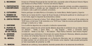 Invita a las escuelas de los diferentes niveles educativos a participar en el desfile cívico deportivo, exhibición y concurso de tablas rítmicas que se efectuará este próximo lunes 20 de noviembre para celebrar el 113° aniversario de la Revolución Mexicana.
