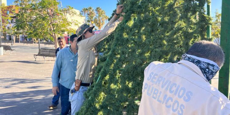 Dirección General de Servicios Públicos que encabeza Leonel Leyva Luna, empezó con los trabajos de instalación de adornos navideños en la plaza Teniente