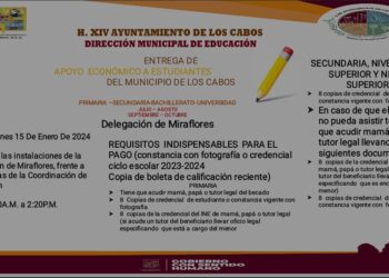 En cumplimiento al compromiso con la educación, este lunes 15 de enero el Gobierno de Los Cabos iniciará con el pago de becas municipales