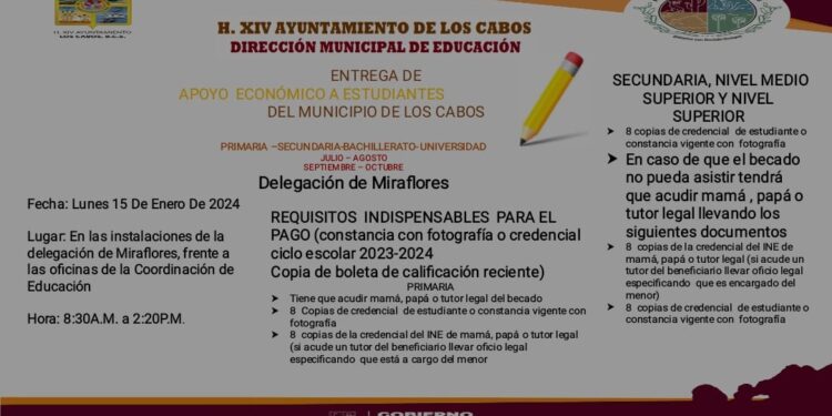 En cumplimiento al compromiso con la educación, este lunes 15 de enero el Gobierno de Los Cabos iniciará con el pago de becas municipales