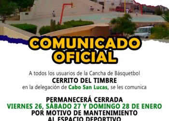 Este viernes 26 de enero la cancha de básquetbol “Cerrito del Timbre” permanecerá cerrada al público en general, debido a los trabajos de mantenimiento y rehabilitación que estarán efectuándose en este espacio