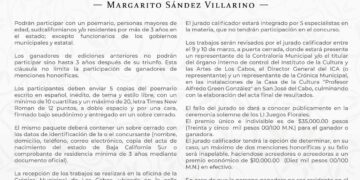 Invitacion a participar en los LI Juegos Florales “Margarito Sandez Villarino” con un poemario de su autoría.