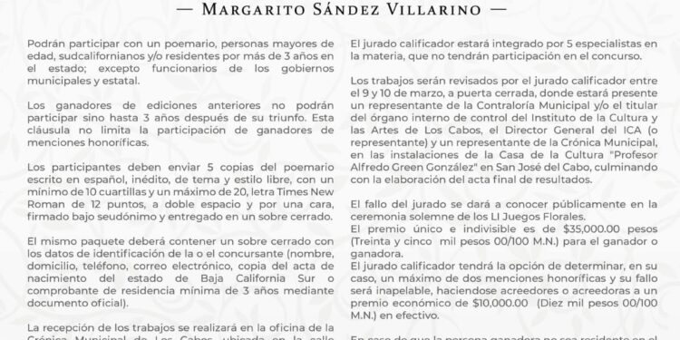 Invitacion a participar en los LI Juegos Florales “Margarito Sandez Villarino” con un poemario de su autoría.
