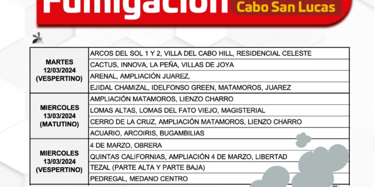Se llevará a cabo el tercer ciclo de fumigación en colonias de Cabo San Lucas y San José del Cabo