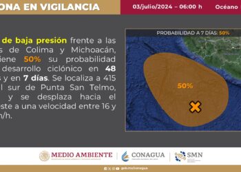 La Dirección Municipal de Protección Civil, informa que la amplia zona de baja presión en el Océano Pacífico mantiene una probabilidad del 50% para desarrollo ciclónico en un lapso de 48 horas a 7 días.
