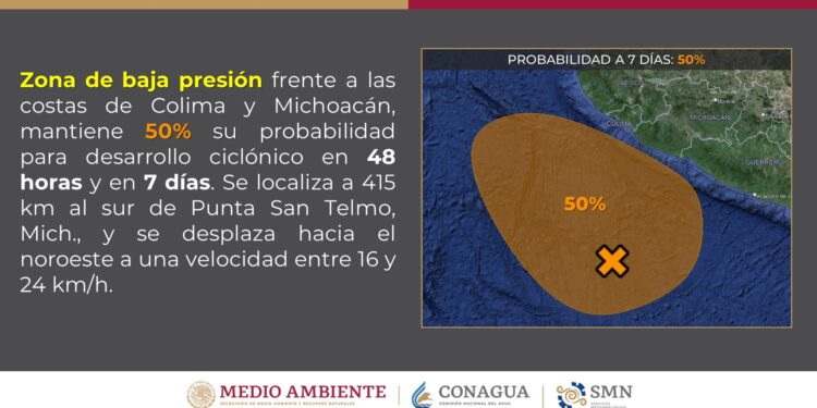 La Dirección Municipal de Protección Civil, informa que la amplia zona de baja presión en el Océano Pacífico mantiene una probabilidad del 50% para desarrollo ciclónico en un lapso de 48 horas a 7 días.