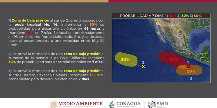 La Dirección Municipal de Protección Civil informa a la ciudadanía sobre la situación actual de dos zonas de baja presión en el Océano Pacífico
