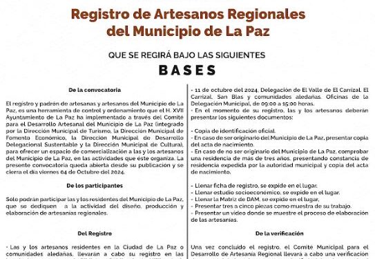 Lanzan convocatoria para el Registro de Artesanos Regionales en el municipio de La Paz