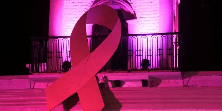 Se iluminó color rosa el Palacio Municipal de Los Cabos