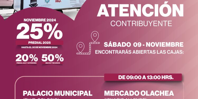 Aprovecha los descuentos y paga tu predial el sábado 9 de noviembre 