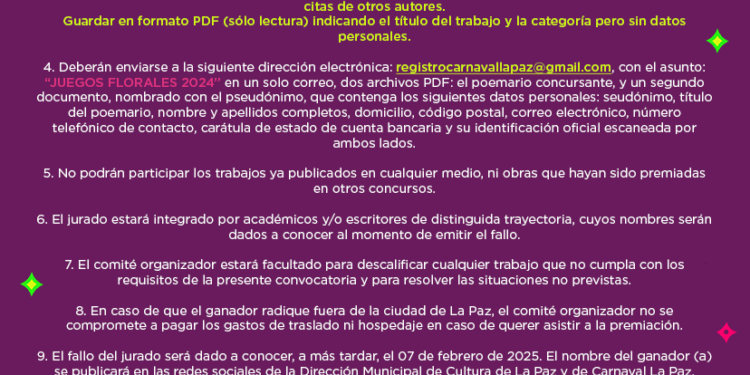 Convocan a poetas a participar en el certamen “Juegos Florares” del Carnaval La Paz 2025