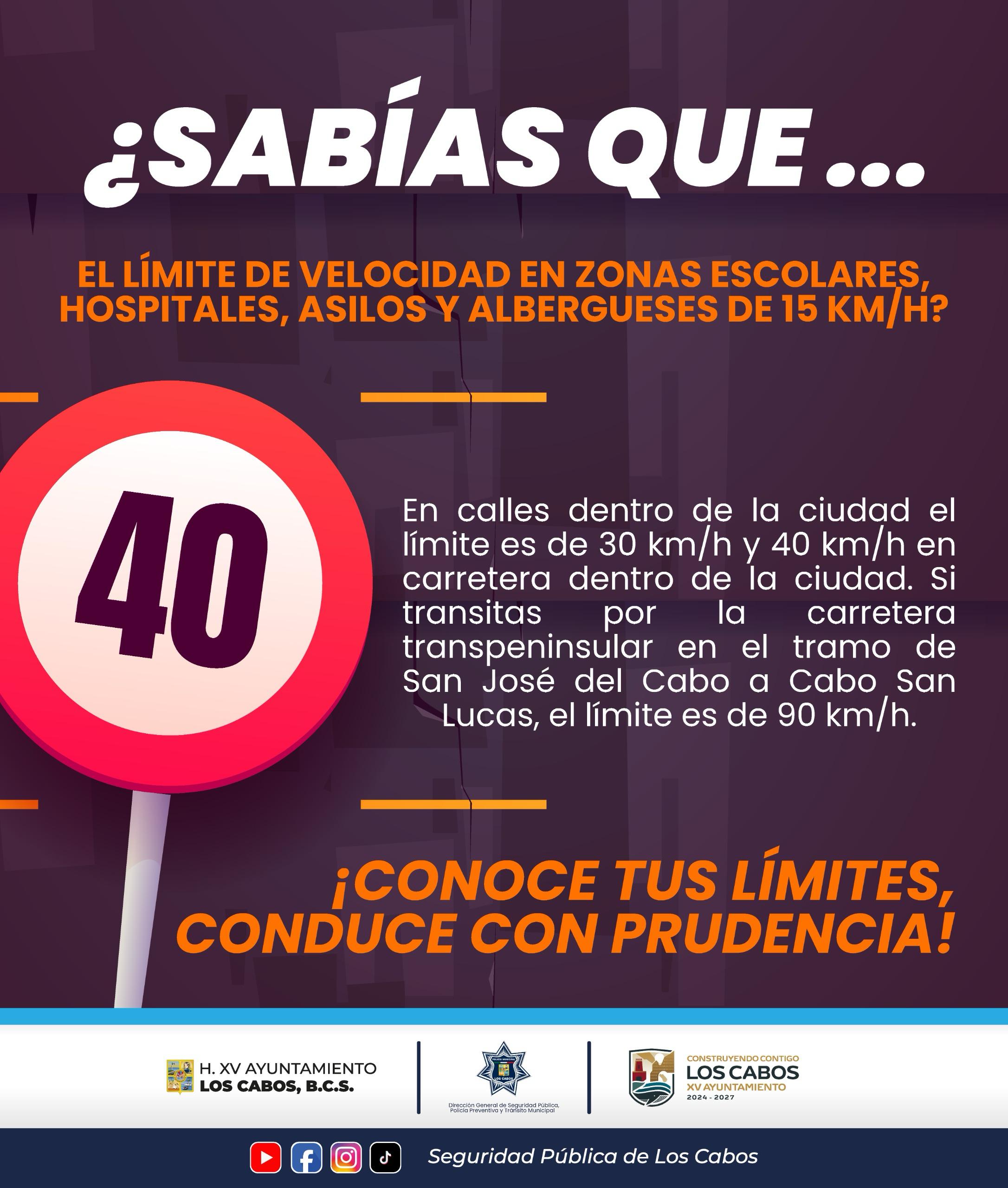 Informa Seguridad Pública de Los Cabos límites de velocidad establecidos en el municipio