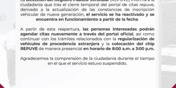 Anuncia REPUVE reapertura del portal de trámites de regularización vehicular