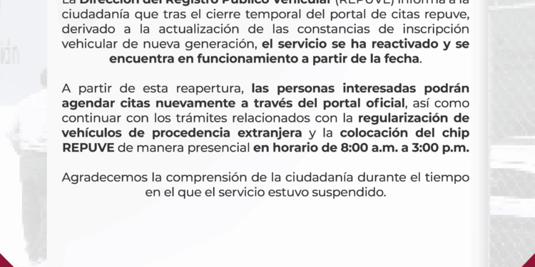 Anuncia REPUVE reapertura del portal de trámites de regularización vehicular