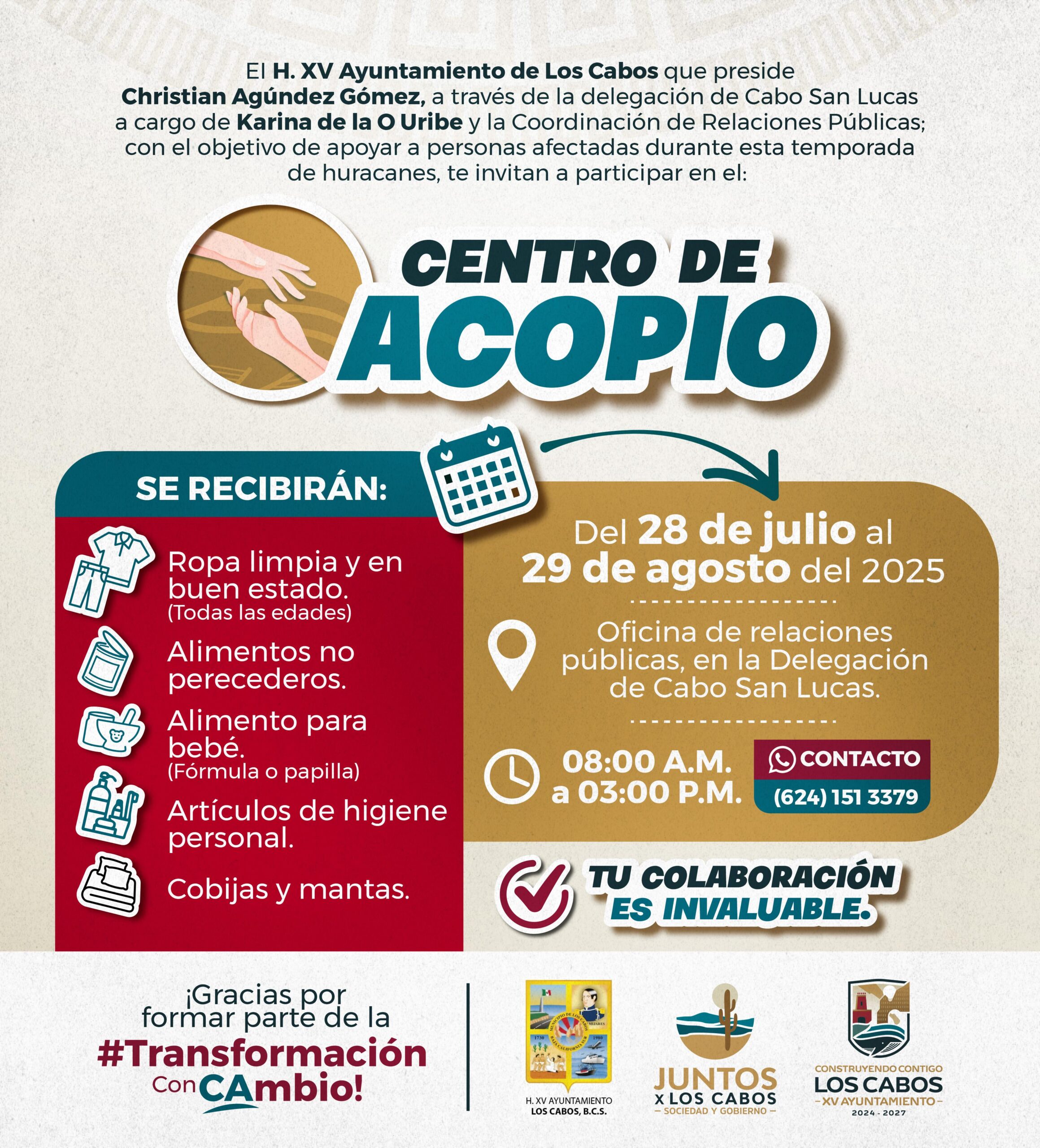 Instalan centro de acopio en Cabo San Lucas para apoyar a afectados por temporada de huracanes