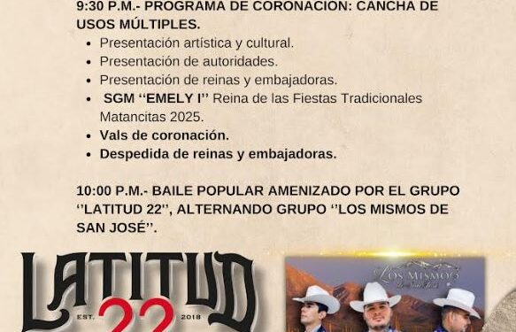 Anuncian programación oficial de las Fiestas Tradicionales Zacatal–Matancitas 2025