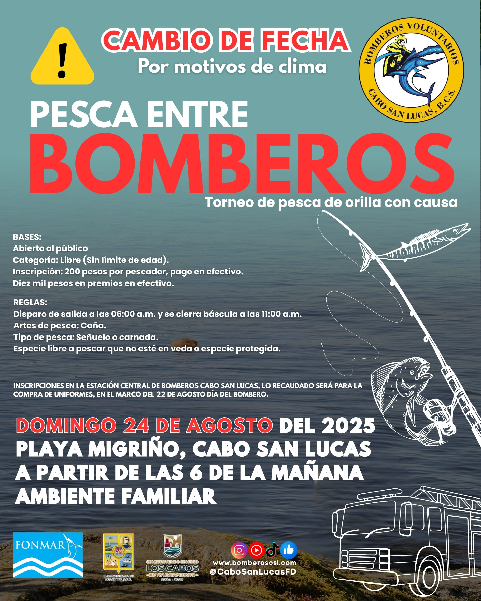 Cambia de fecha Torneo de Pesca de Orilla de Bomberos de Cabo San Lucas; será el 24 de agosto