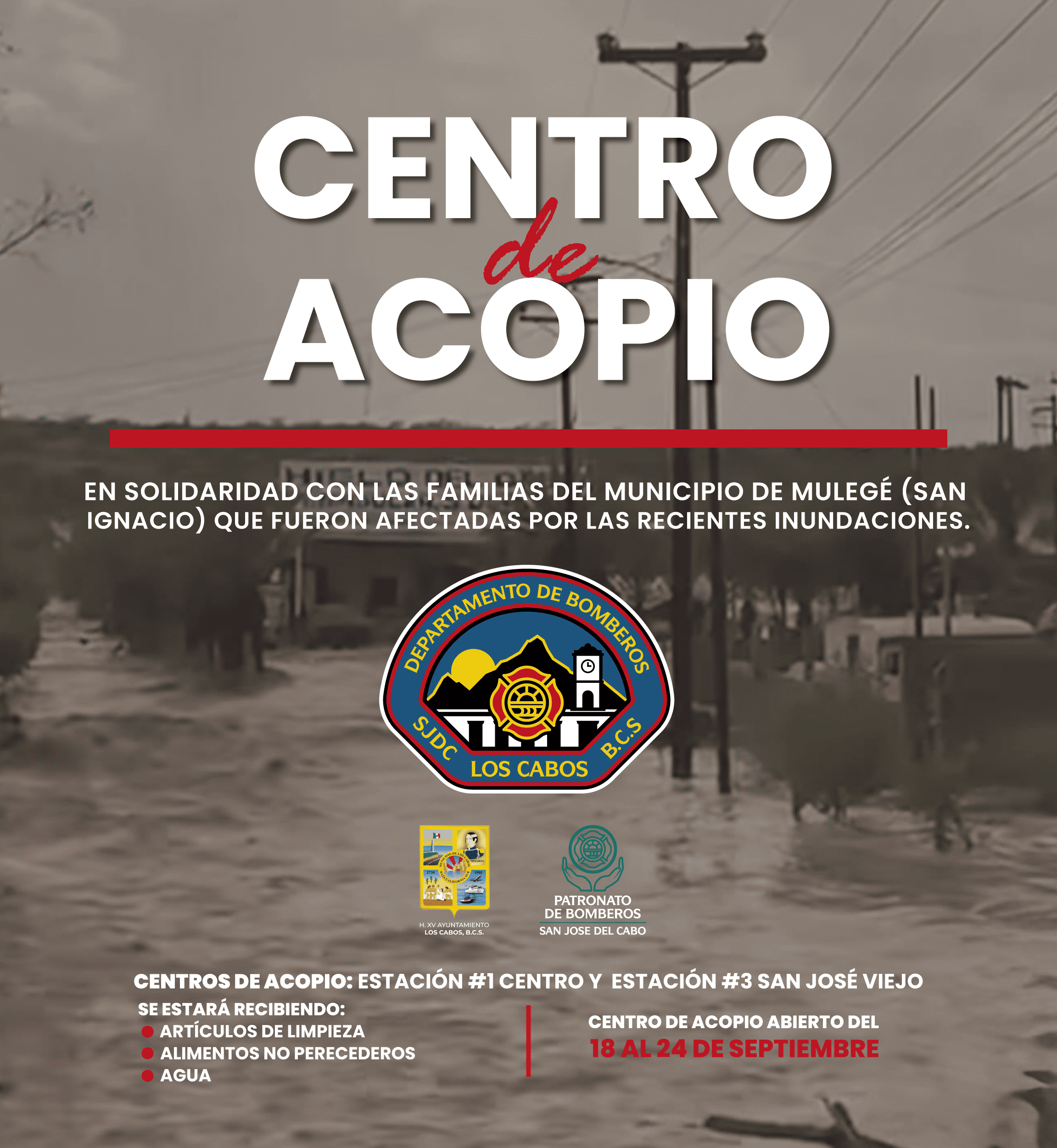 En apoyo a familias de San Ignacio, Bomberos de San José del Cabo abren centro de acopio