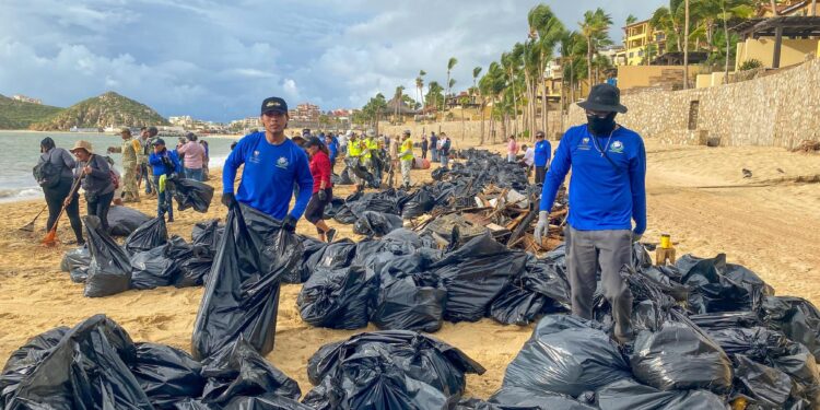 Unen esfuerzos Ayuntamiento de Los Cabos y ciudadanía para limpiar playa El Médano tras huracán “Lorena”