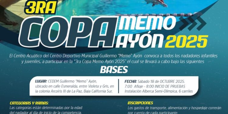 Invita Ayuntamiento de La Paz a participar en la 3ra Copa de natación “Memo” Ayón 2025