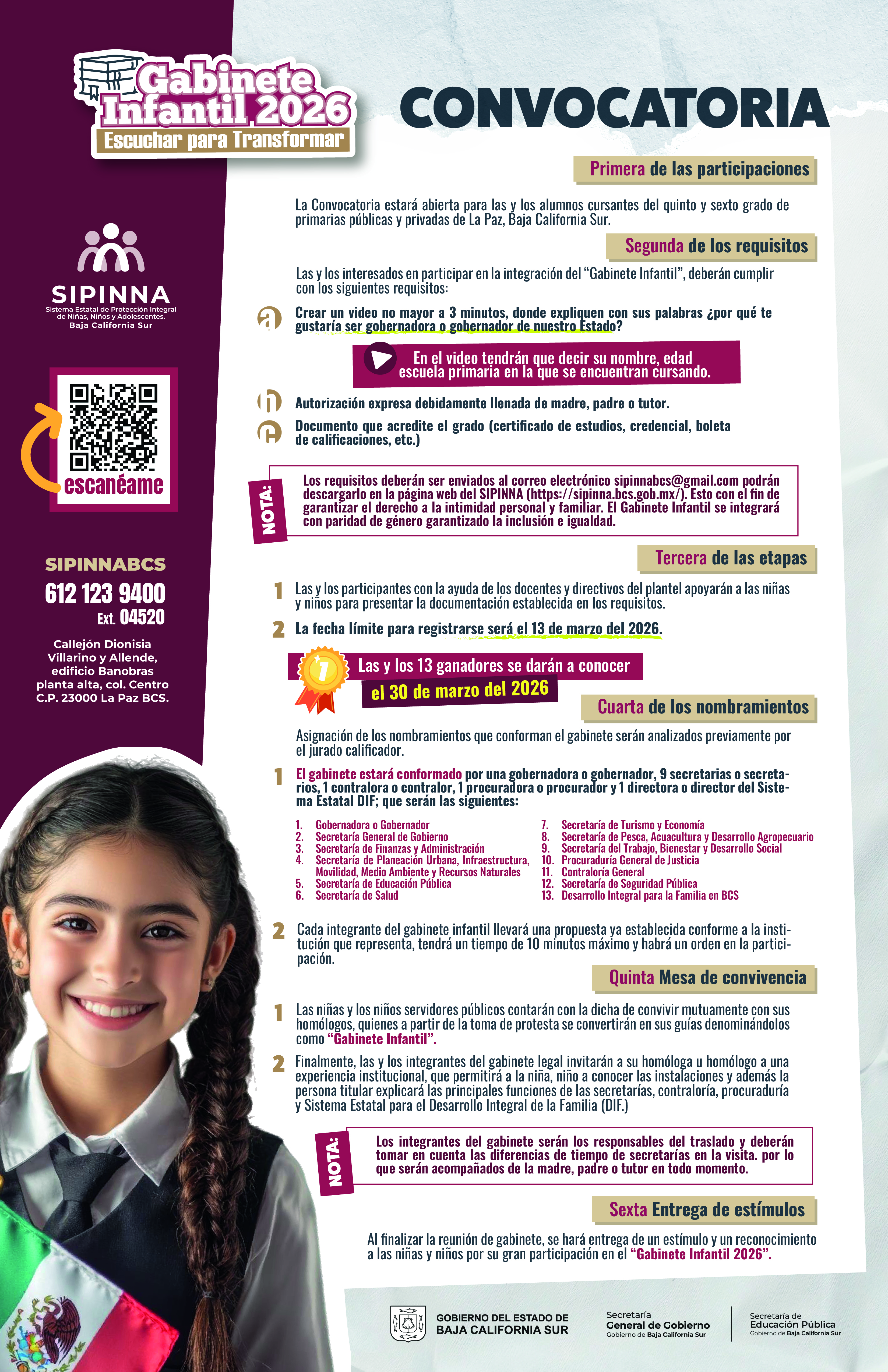 Gobierno de BCS abre convocatoria para la tercera edición del Gabinete Infantil