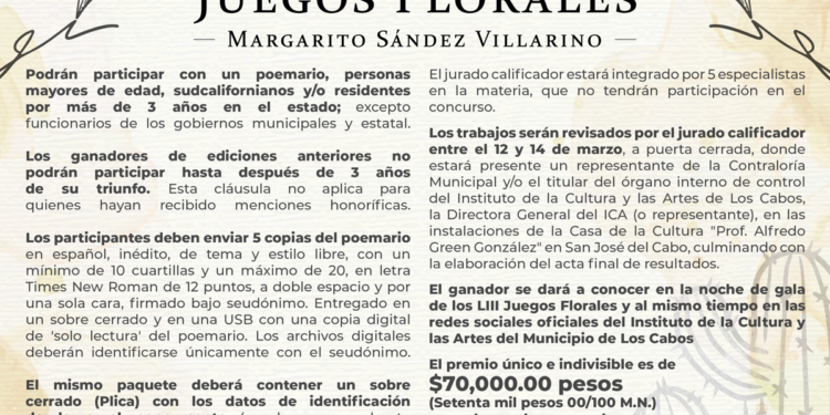 Invitan a participar en el Concurso de Poemarios de los LIII Juegos Florales “Margarito Sández Villarino”