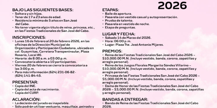 Lanzan convocatoria para elegir a la reina de las Fiestas Tradicionales San José del Cabo 2026