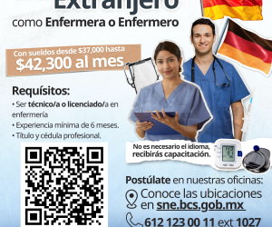 Servicio Nacional de Empleo de BCS ofrece vacantes de enfermería en Alemania