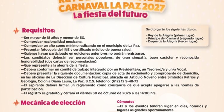 Convoca Ayuntamiento de La Paz a participar en el certamen de Reyes Infantiles del Carnaval 2027